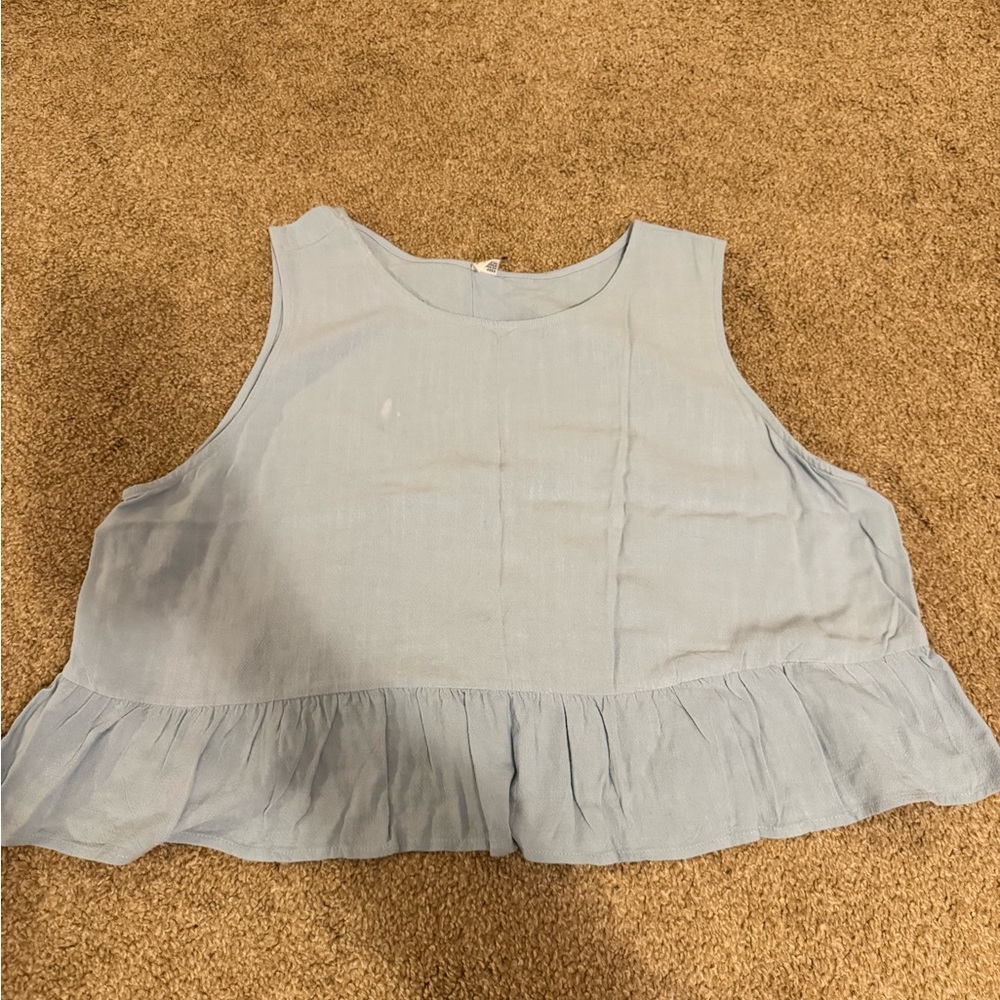 Anrabess Light Blue Linen Crop Top with Ruffles in size XXL